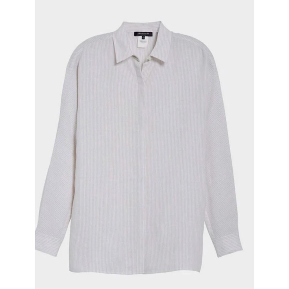 Lafayette 148 NY Alyssa Linen Pinstripe Blouse Baby Pink Large NWT